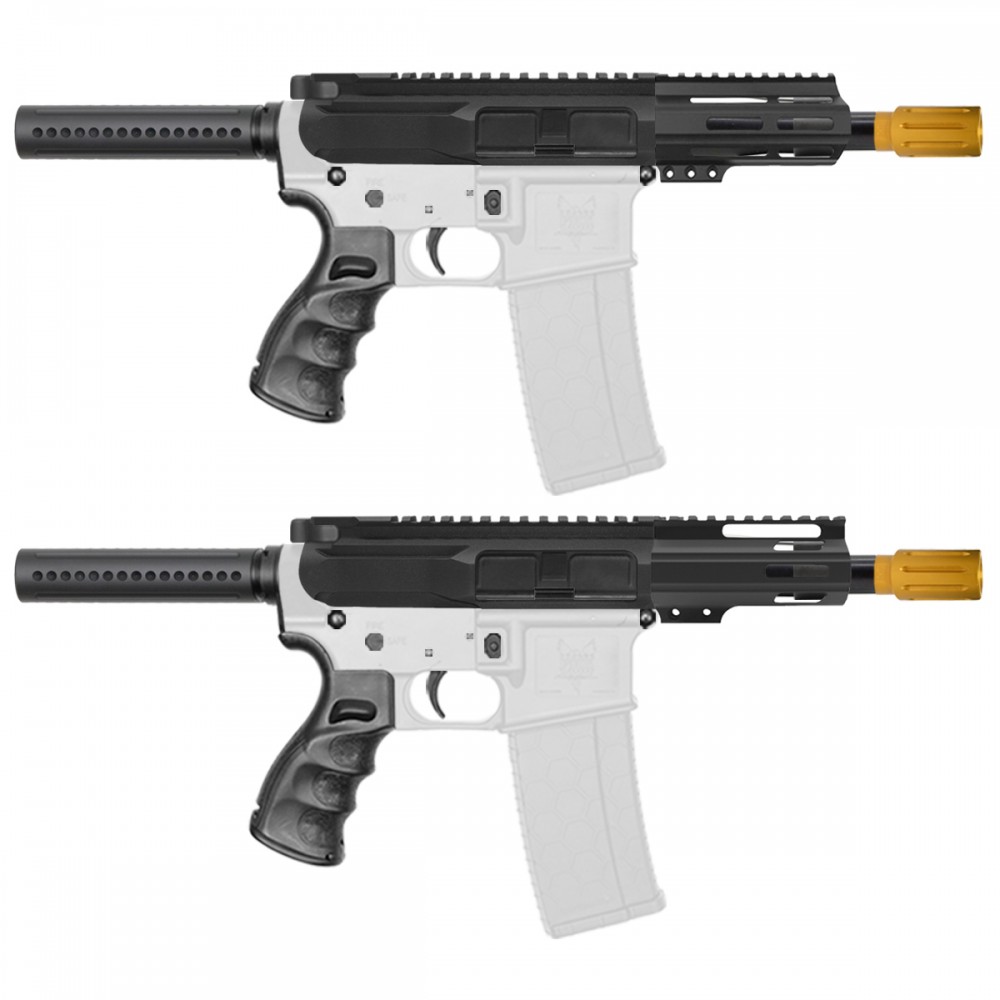 AR-15 5.56 NATO 5'' PISTOL KIT - SIDE CUT BILLET UPPER WITH 4'' HANDGUARD OPTIONS- GOLD MUZZLE BRAKE  AR-15 5.56 NATO 5'' PISTOL KIT - SIDE CUT BILLET UPPER WITH 4'' HANDGUARD OPTIONS- GOLD MUZZLE BRAKE